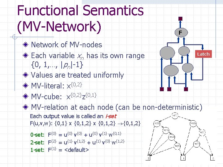 Functional Semantics (MV-Network) F Network of MV-nodes Latch Each variable xn has its own