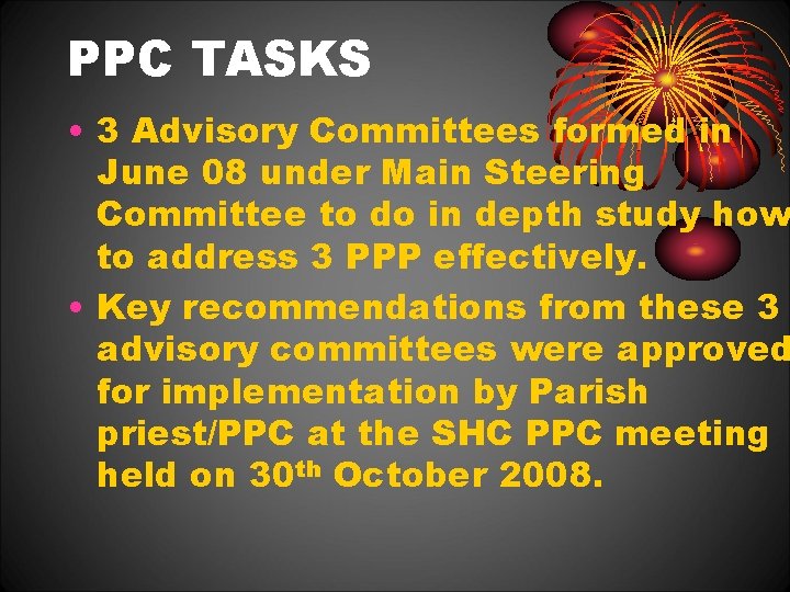 PPC TASKS • 3 Advisory Committees formed in June 08 under Main Steering Committee