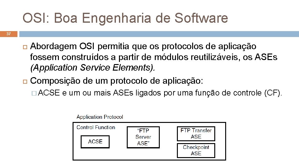 OSI: Boa Engenharia de Software 37 Abordagem OSI permitia que os protocolos de aplicação