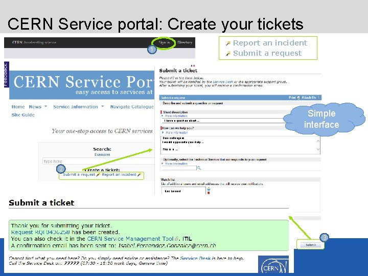 CERN Service portal: Create your tickets Report an incident Submit a request 1 I