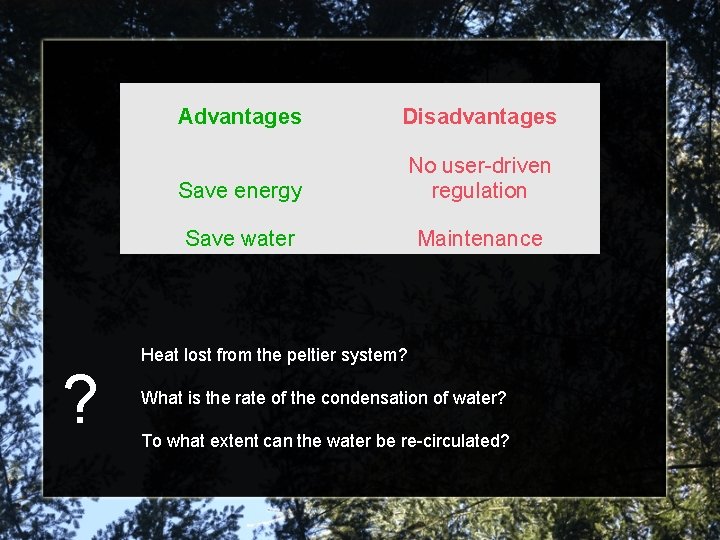 ? Advantages Disadvantages Save energy No user-driven regulation Save water Maintenance Heat lost from