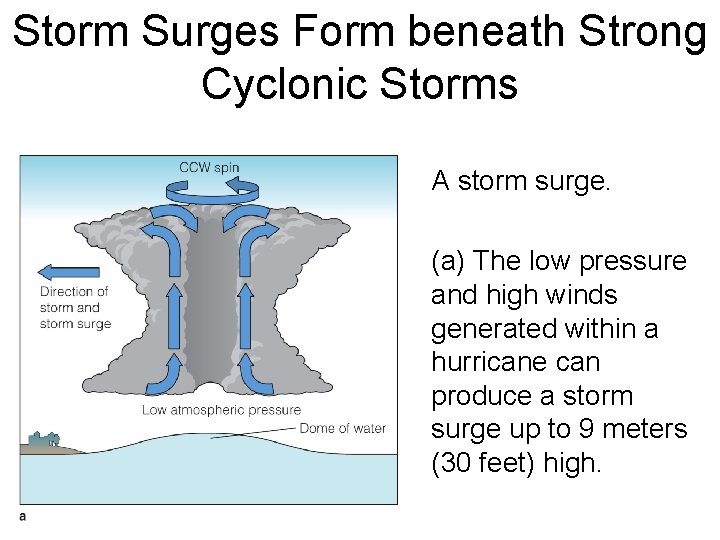 Storm Surges Form beneath Strong Cyclonic Storms A storm surge. (a) The low pressure