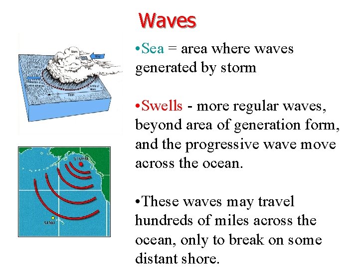Waves • Sea = area where waves generated by storm • Swells - more