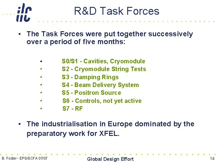 R&D Task Forces • The Task Forces were put together successively over a period