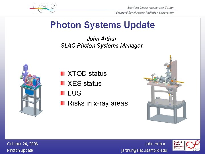 Photon Systems Update John Arthur SLAC Photon Systems Manager XTOD status XES status LUSI