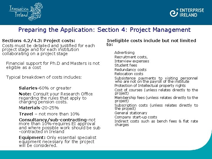 Preparing the Application: Section 4: Project Management Sections 4. 2/4. 3: Project costs: Costs