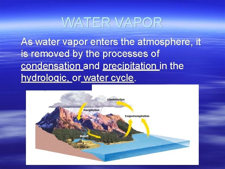 WATER VAPOR As water vapor enters the atmosphere, it is removed by the processes