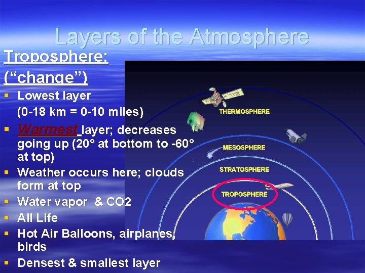 Layers of the Atmosphere Troposphere: (“change”) § Lowest layer (0 -18 km = 0