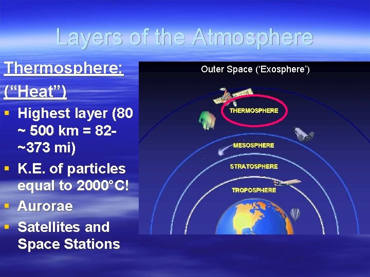 Layers of the Atmosphere Thermosphere: (“Heat”) § Highest layer (80 ~ 500 km =