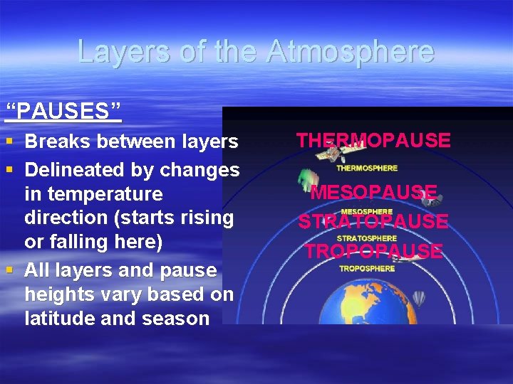 Layers of the Atmosphere “PAUSES” § Breaks between layers § Delineated by changes in