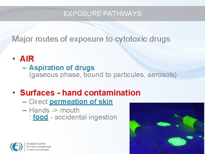 EXPOSURE PATHWAYS Major routes of exposure to cytotoxic drugs • AIR – Aspiration of
