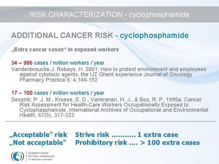 RISK CHARACTERIZATION - cyclophosphamide ADDITIONAL CANCER RISK - cyclophosphamide „Extra cancer cases“ in exposed