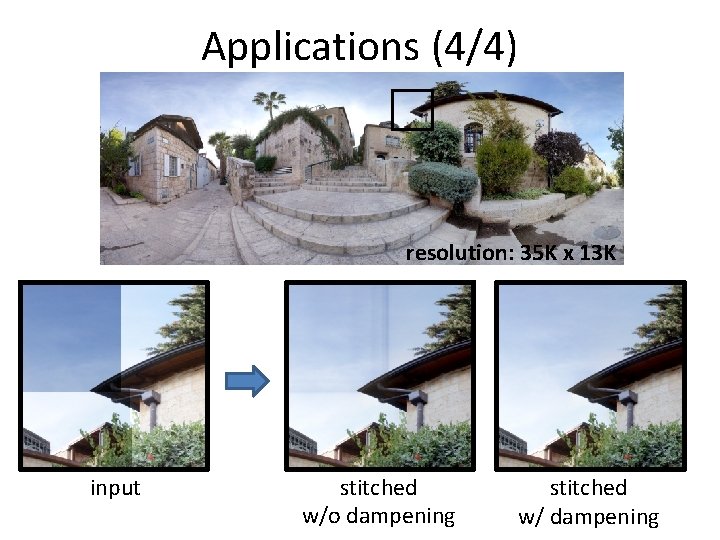 Applications (4/4) resolution: 35 K x 13 K input stitched w/o dampening stitched w/ Applications (4/4) resolution: 35 K x 13 K input stitched w/o dampening stitched w/