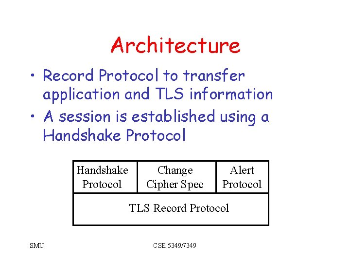 Architecture • Record Protocol to transfer application and TLS information • A session is Architecture • Record Protocol to transfer application and TLS information • A session is