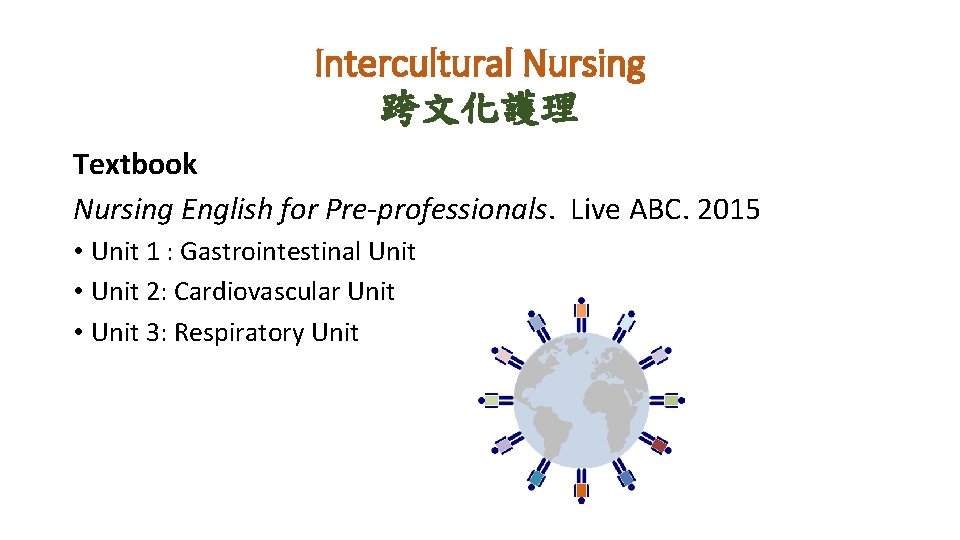 Intercultural Nursing 跨文化護理 Textbook Nursing English for Pre-professionals. Live ABC. 2015 • Unit 1 Intercultural Nursing 跨文化護理 Textbook Nursing English for Pre-professionals. Live ABC. 2015 • Unit 1