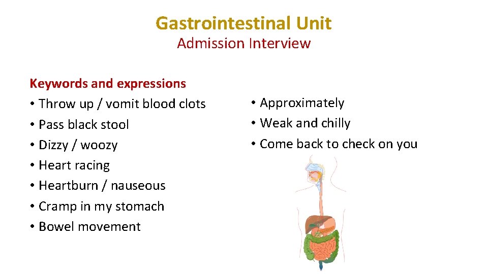 Gastrointestinal Unit Admission Interview Keywords and expressions • Throw up / vomit blood clots Gastrointestinal Unit Admission Interview Keywords and expressions • Throw up / vomit blood clots