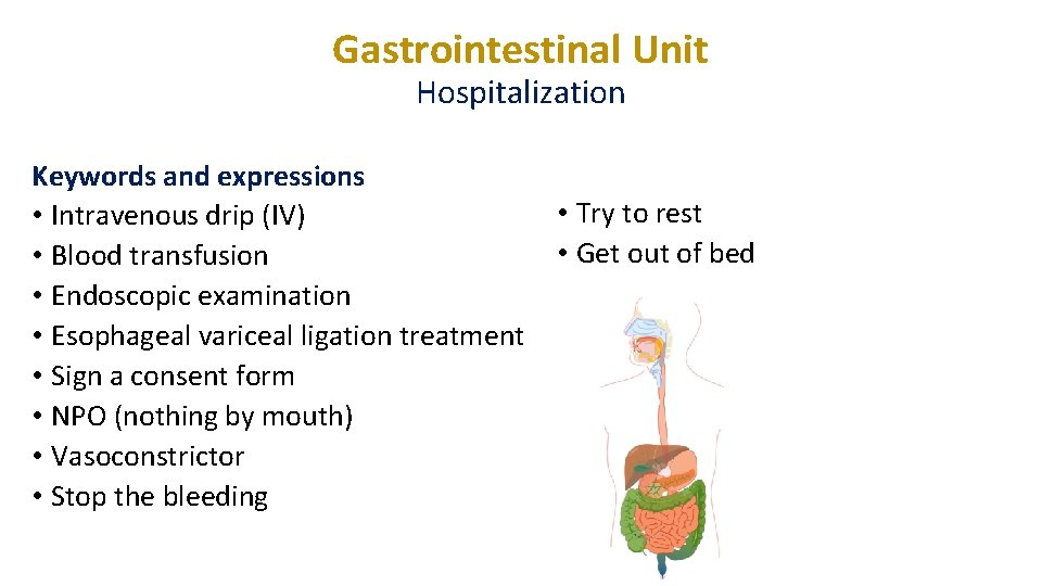 Gastrointestinal Unit Hospitalization Keywords and expressions • Intravenous drip (IV) • Blood transfusion • Gastrointestinal Unit Hospitalization Keywords and expressions • Intravenous drip (IV) • Blood transfusion •