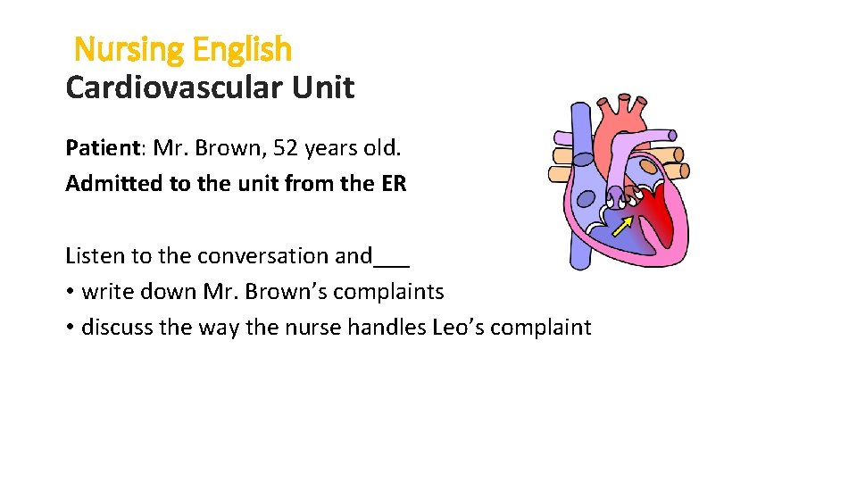 Nursing English Cardiovascular Unit Patient: Mr. Brown, 52 years old. Admitted to the unit Nursing English Cardiovascular Unit Patient: Mr. Brown, 52 years old. Admitted to the unit