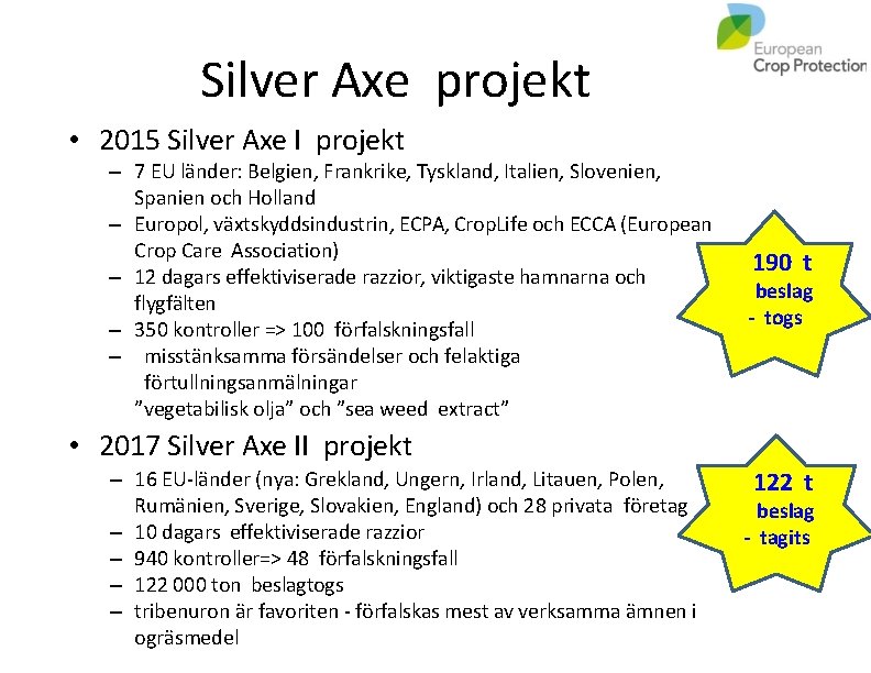 Silver Axe projekt • 2015 Silver Axe I projekt – 7 EU länder: Belgien,