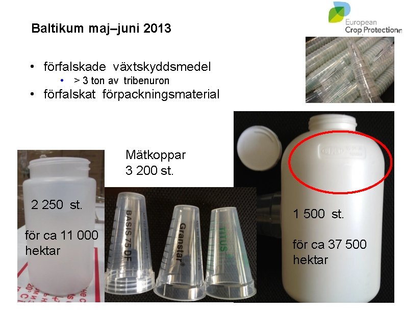 Baltikum maj–juni 2013 • förfalskade växtskyddsmedel • > 3 ton av tribenuron • förfalskat