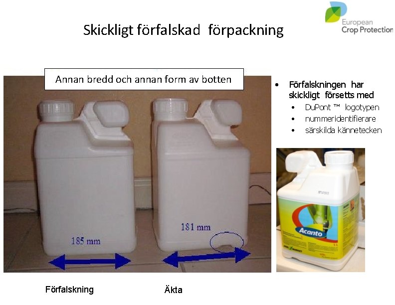 Skickligt förfalskad förpackning Annan bredd och annan form av botten • Förfalskningen har skickligt