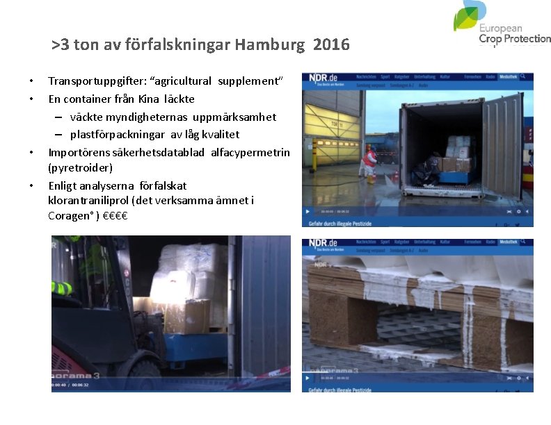 >3 ton av förfalskningar Hamburg 2016 • • Transportuppgifter: “agricultural supplement” En container från