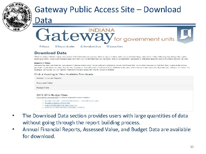 Gateway Public Access Site – Download Data • • The Download Data section provides