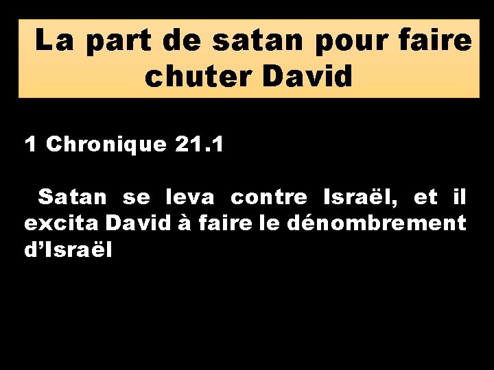 La part de satan pour faire chuter David 1 Chronique 21. 1 Satan se