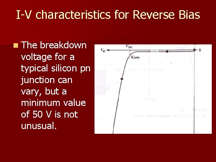 I-V characteristics for Reverse Bias n The breakdown voltage for a typical silicon pn