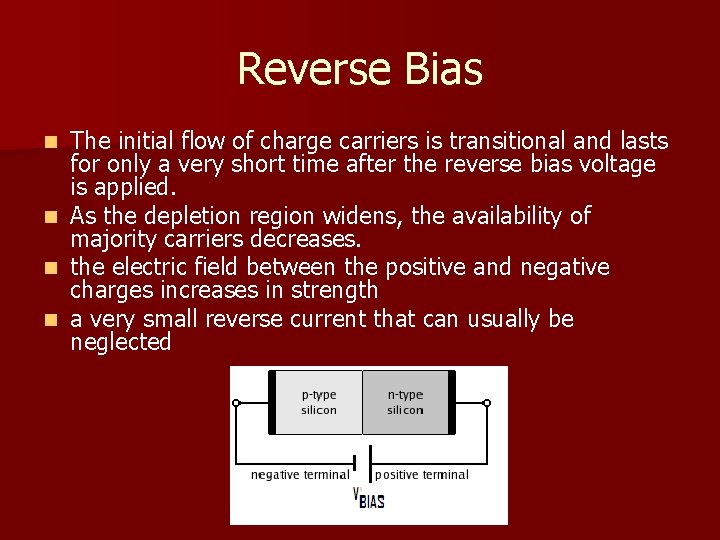 Reverse Bias n n The initial flow of charge carriers is transitional and lasts