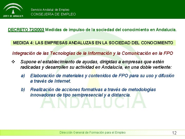 Servicio Andaluz de Empleo CONSEJERÍA DE EMPLEO DECRETO 72/2003 Medidas de impulso de la