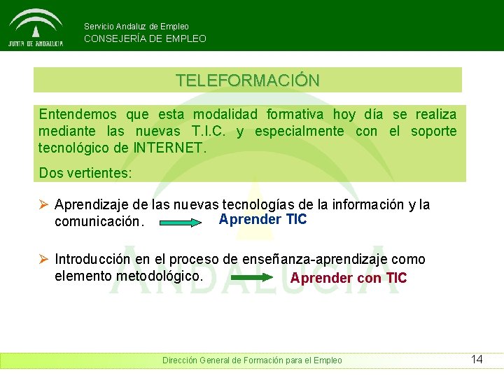 Servicio Andaluz de Empleo CONSEJERÍA DE EMPLEO TELEFORMACIÓN Entendemos que esta modalidad formativa hoy