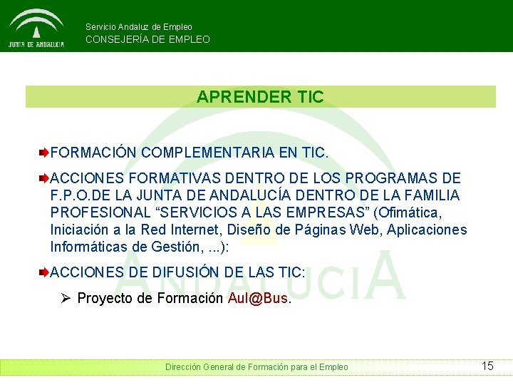 Servicio Andaluz de Empleo CONSEJERÍA DE EMPLEO APRENDER TIC FORMACIÓN COMPLEMENTARIA EN TIC. ACCIONES