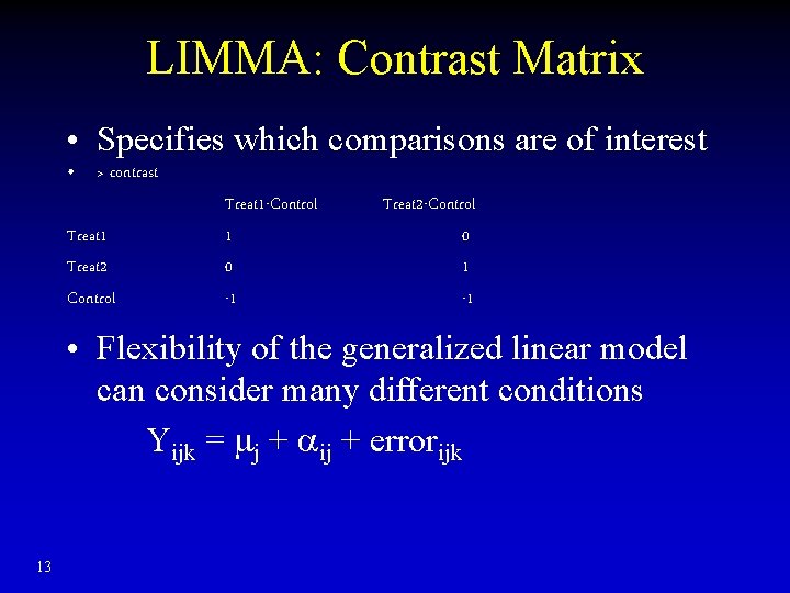 LIMMA: Contrast Matrix • Specifies which comparisons are of interest • > contrast Treat