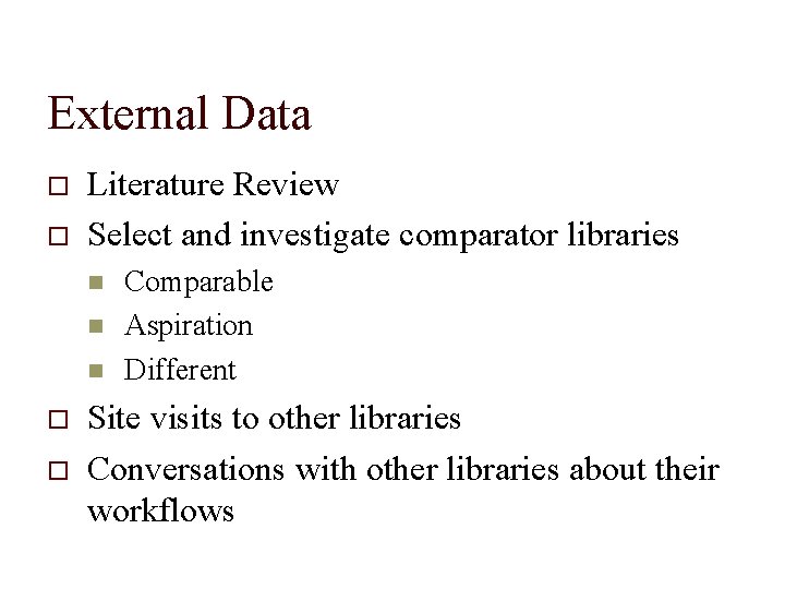 External Data Literature Review Select and investigate comparator libraries Comparable Aspiration Different Site visits