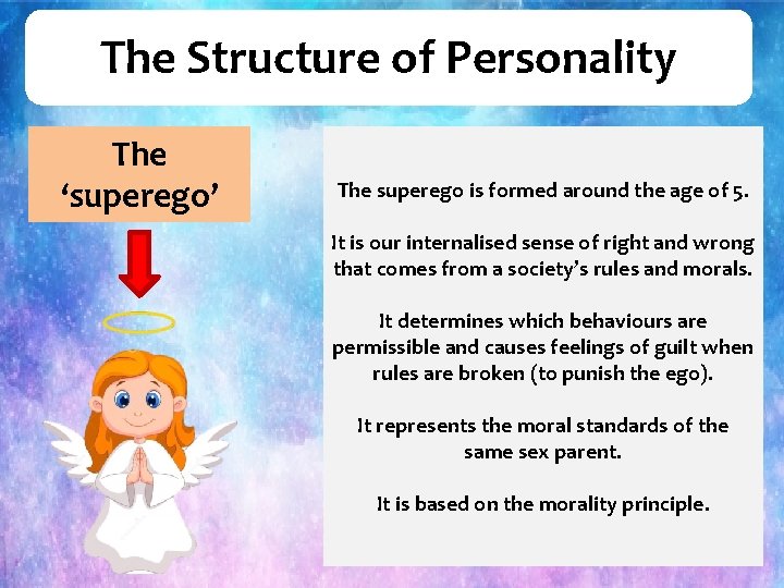 The Structure of Personality The ‘superego’ The superego is formed around the age of