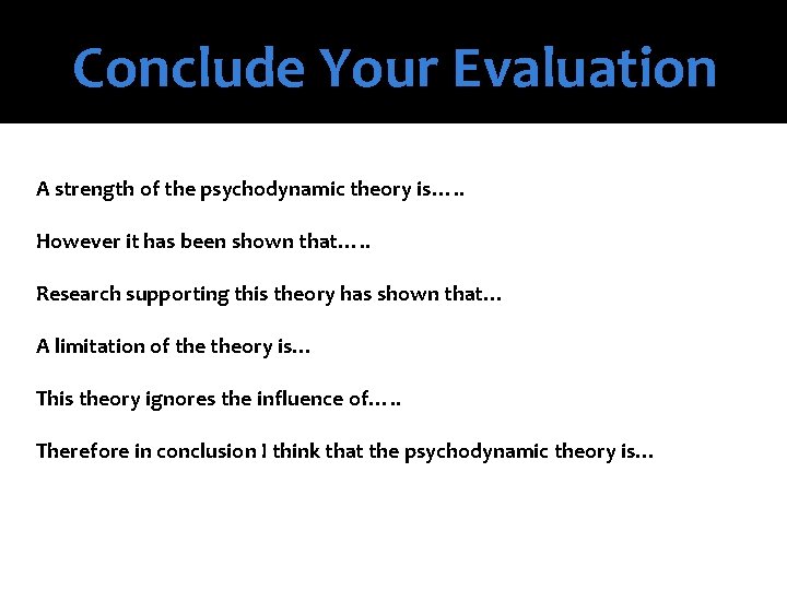 Conclude Your Evaluation A strength of the psychodynamic theory is…. . However it has