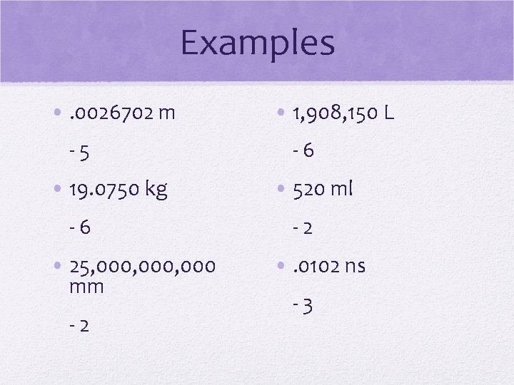 Examples • . 0026702 m -5 • 19. 0750 kg -6 • 25, 000, Examples • . 0026702 m -5 • 19. 0750 kg -6 • 25, 000,