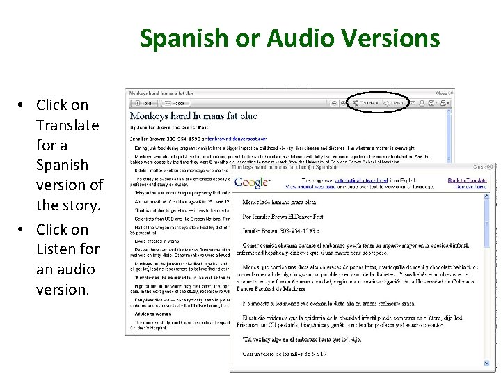 Spanish or Audio Versions • Click on Translate for a Spanish version of the