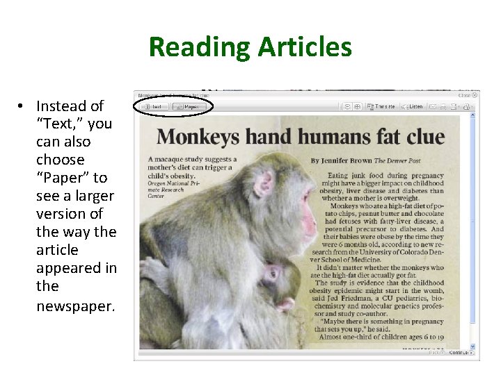 Reading Articles • Instead of “Text, ” you can also choose “Paper” to see