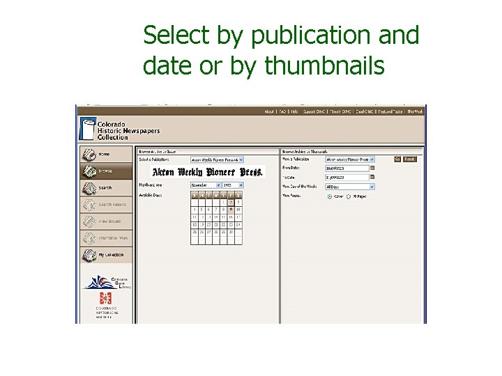 Select by publication and date or by thumbnails 