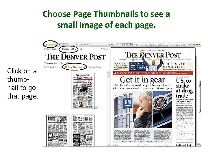 Choose Page Thumbnails to see a small image of each page. Click on a