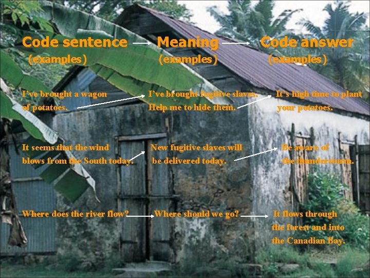 Code sentence (examples) Meaning (examples) I’ve brought a wagon of potatoes. I’ve brought fugitive