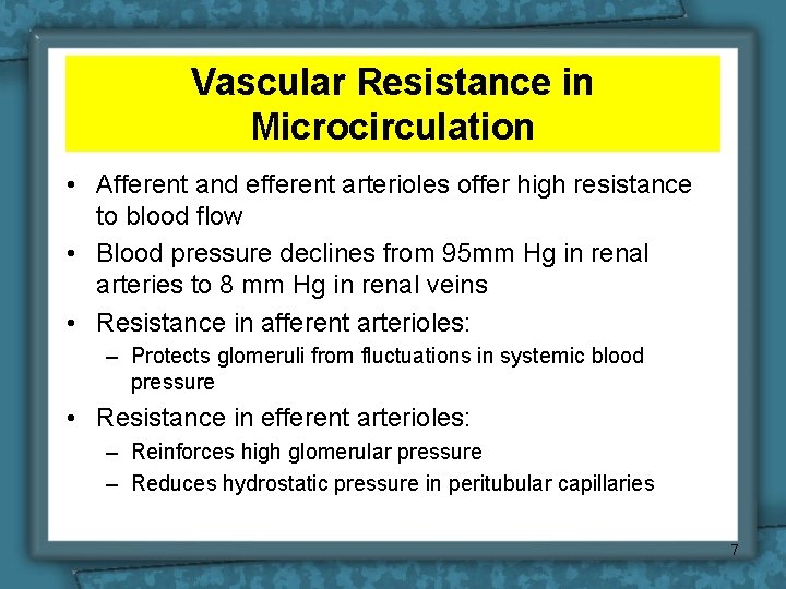 Vascular Resistance in Microcirculation • Afferent and efferent arterioles offer high resistance to blood