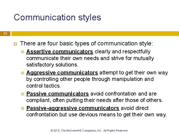 Communication styles 23 There are four basic types of communication style: Assertive communicators clearly