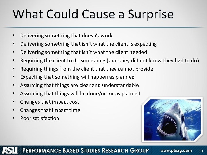 What Could Cause a Surprise • • • Delivering something that doesn’t work Delivering