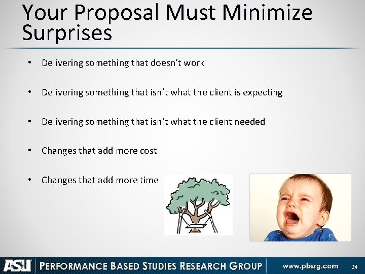 Your Proposal Must Minimize Surprises • Delivering something that doesn’t work • Delivering something