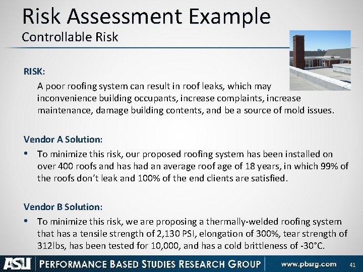 Risk Assessment Example Controllable Risk RISK: A poor roofing system can result in roof