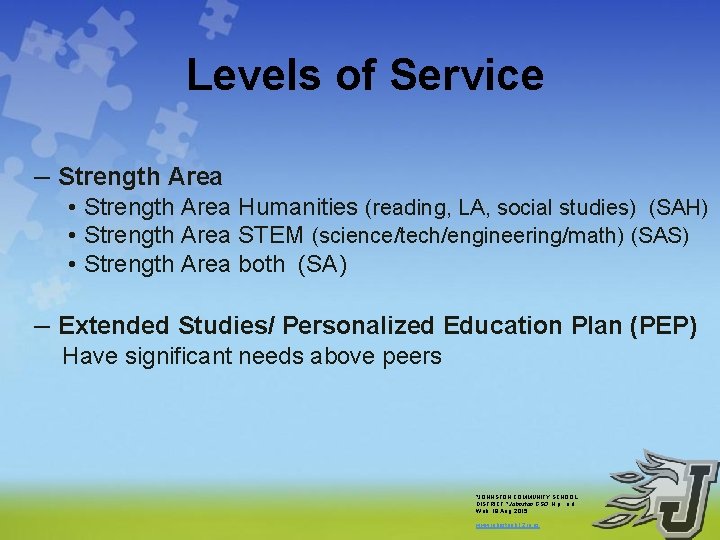 Levels of Service – Strength Area • Strength Area Humanities (reading, LA, social studies)