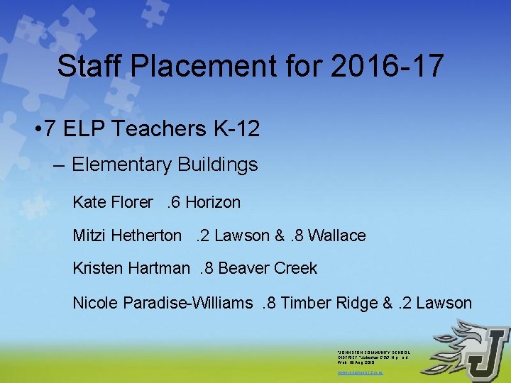 Staff Placement for 2016 -17 • 7 ELP Teachers K-12 – Elementary Buildings Kate